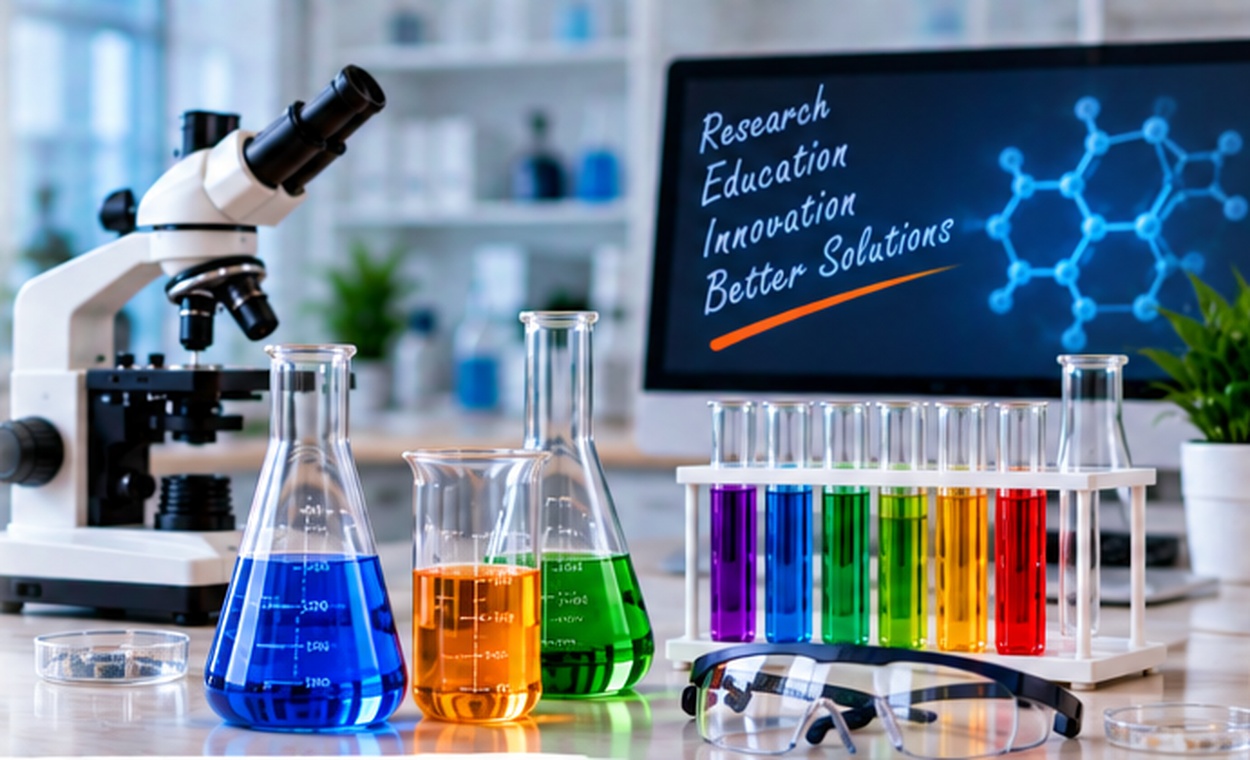 Modern laboratory with microscope and colorful scientific glassware